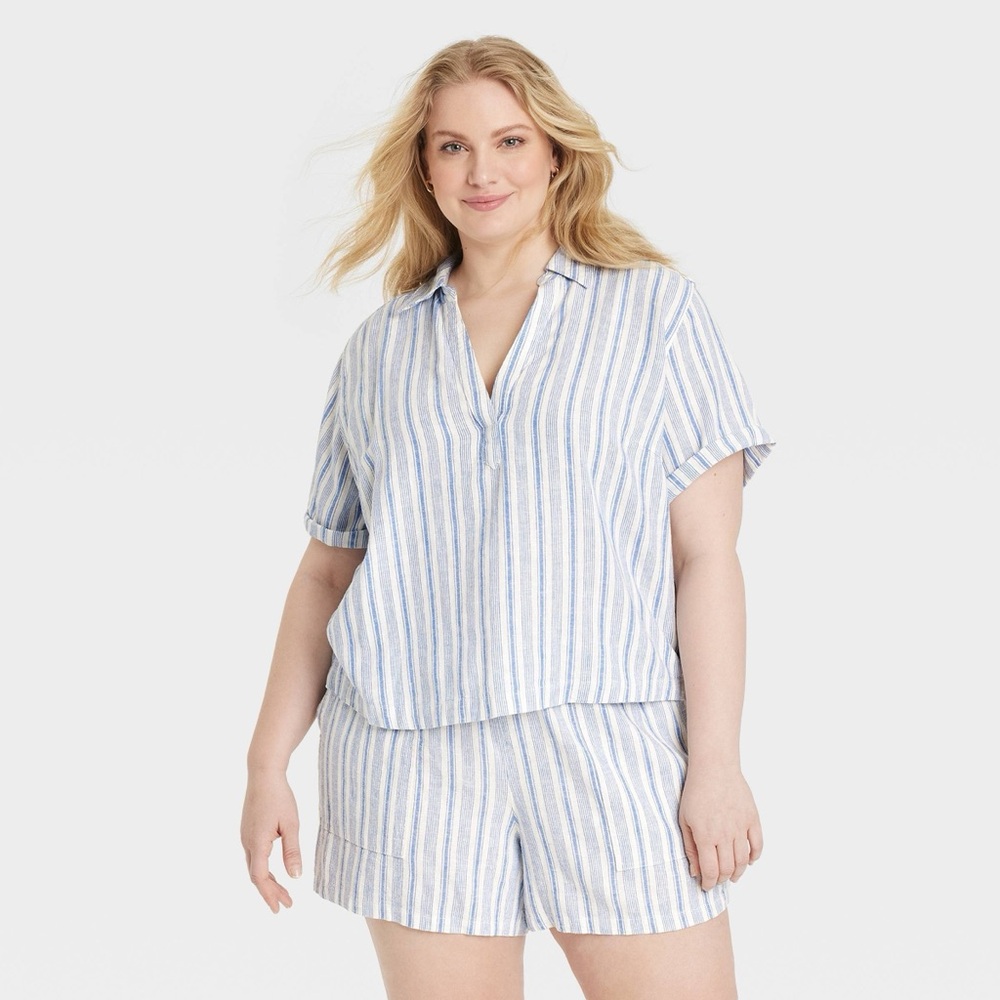 Universal Thread Linen Blend Blue & White Striped V-Neck Button Tab Sleeve Top